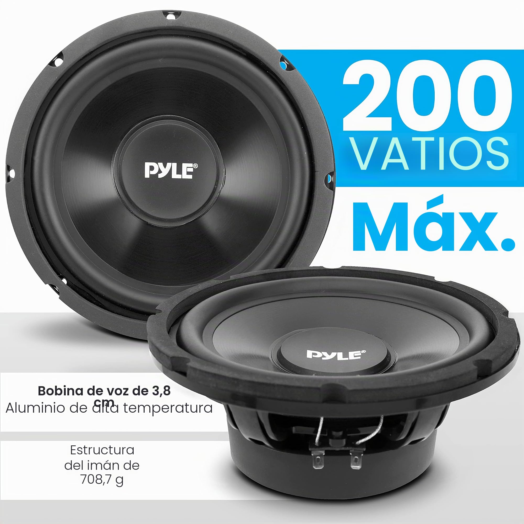 Pyle Subwoofer de Bobina de Voz única para Coche, 8 Pulgadas, 200 vatios a 4 ohmios, subwoofer Alimentado por Audio para automóvil, Cono de inyección con Borde de Goma, subwoofer de Coche de Alta