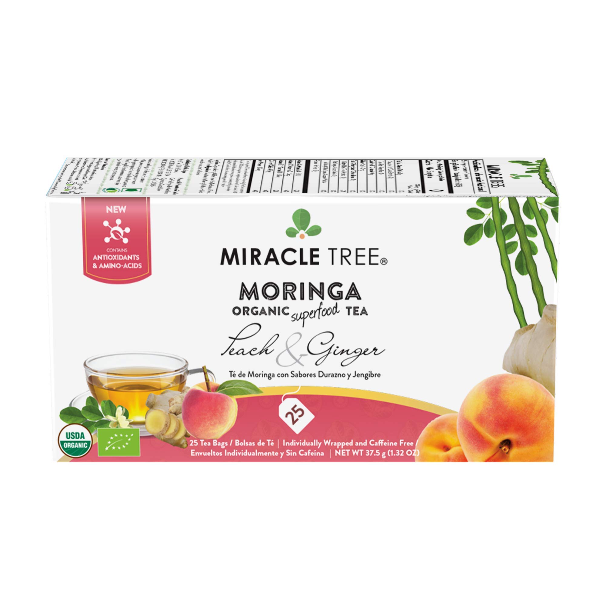 Miracle Tree - Organic Moringa Superfood Tea, 25 Individually Sealed Tea Bags, Peach & Ginger (Keto, Detox, Energy & Immunity Booster, Vegan, Gluten-Free, Organic, Non-GMO, Caffeine-Free)