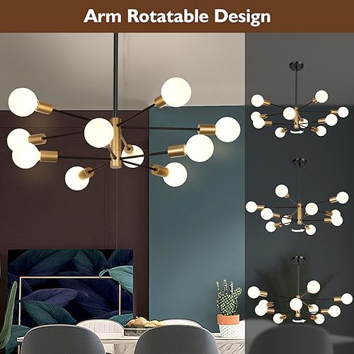 Miniatura 6 de Candelabro Sputnik de 10 luces, lámparas colgantes negras y doradas, moderna lámpara de comedor de granja de latón de mediados de siglo, altura