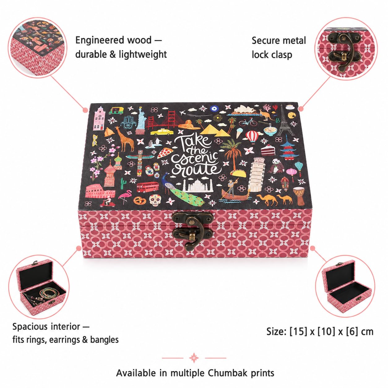 Chumbak Jewelry & Accessories Storage Box for Women | Engineered Wood Organiser with Lock | Pink Scenic Route Print | Gift for Her 2