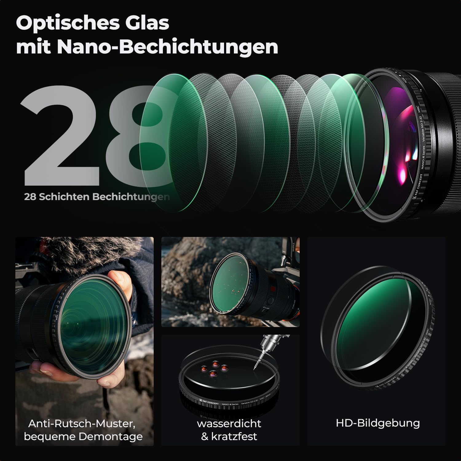 K&F CONCEPT Variabler ND Filter 67mm Variabler Graufilter ND2-32 (1-5 Blendenstufen) für Landschaftsfotografie&Viedofotografie (Nano-Xcel Serie)