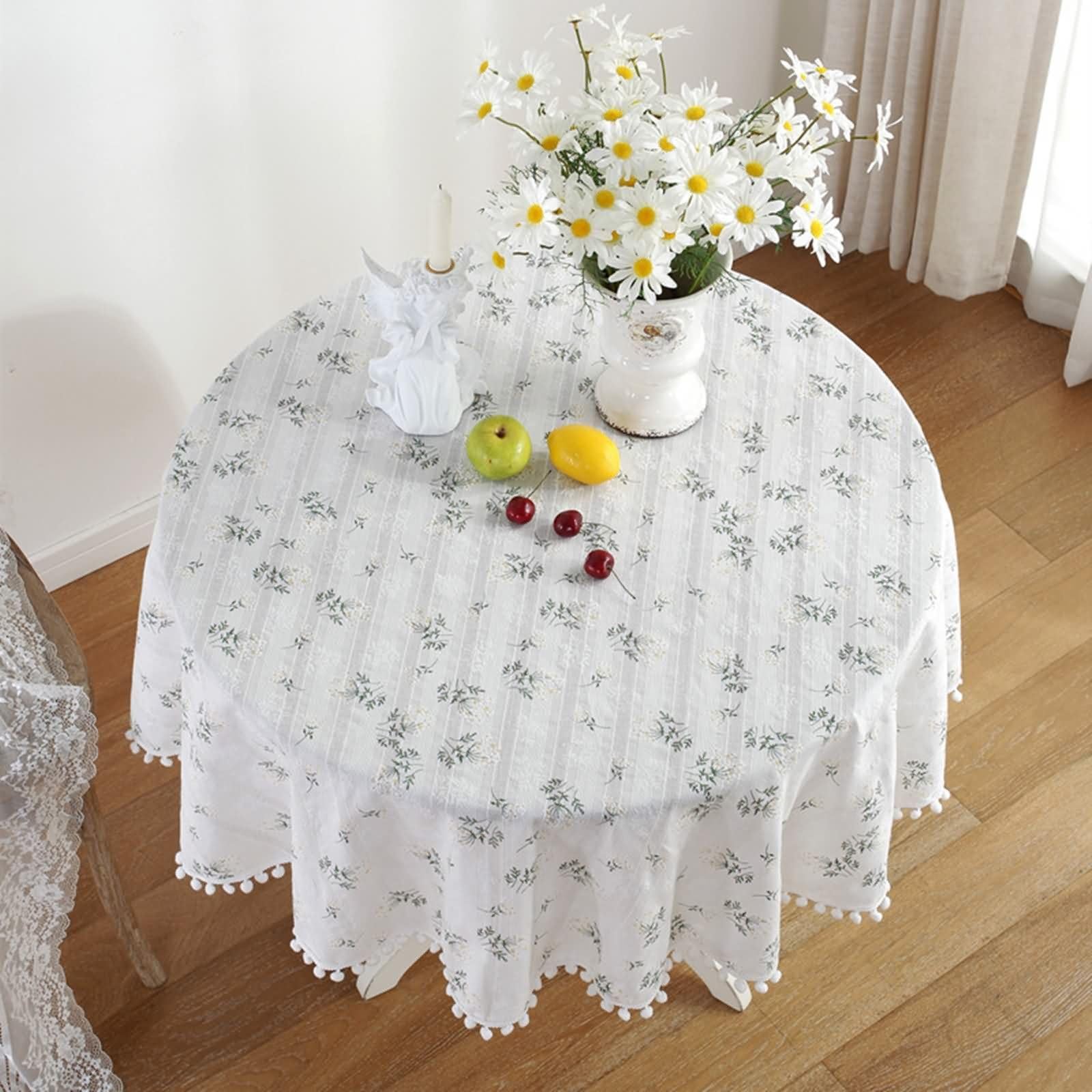 Weiß Grün Tischdecke Rund 140 cm, Baumwolle Blattmuster mit Pompons, Garten Tischdecken für Draußen