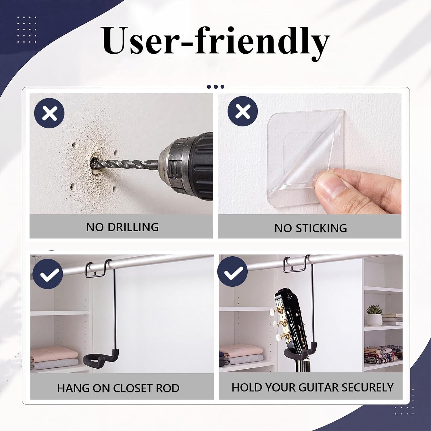 Zonon 2 Pack Guitar Hangers, No-slip Rubber Padding, Closet Rod Mount