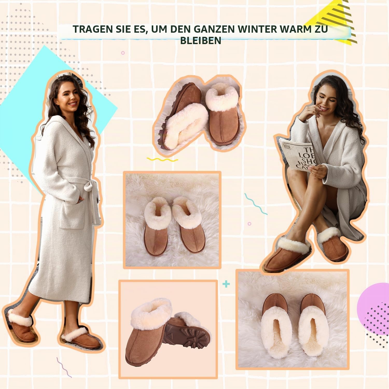 MYLUNE HOME Echte Lammfell Hausschuhe für Damen - Flauschige Warme Pantoffeln Winter Plüsch Schaffell Slipper Leder Wolle Braun - Geschenk für Frauen
