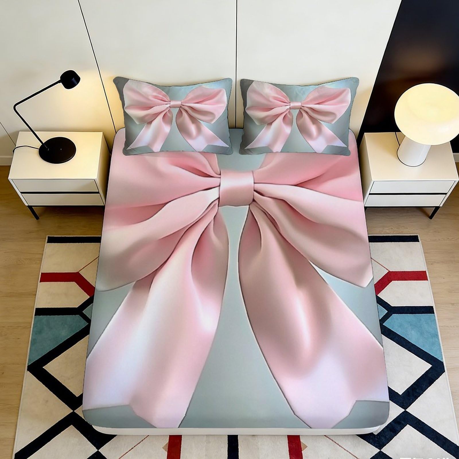 3D Printed Pink Bow Fitted Sheet Microfiber Soft Decorative Ribbon Bed Sheet for Bedroom Dorm Mattress Cover 90x200x25cm