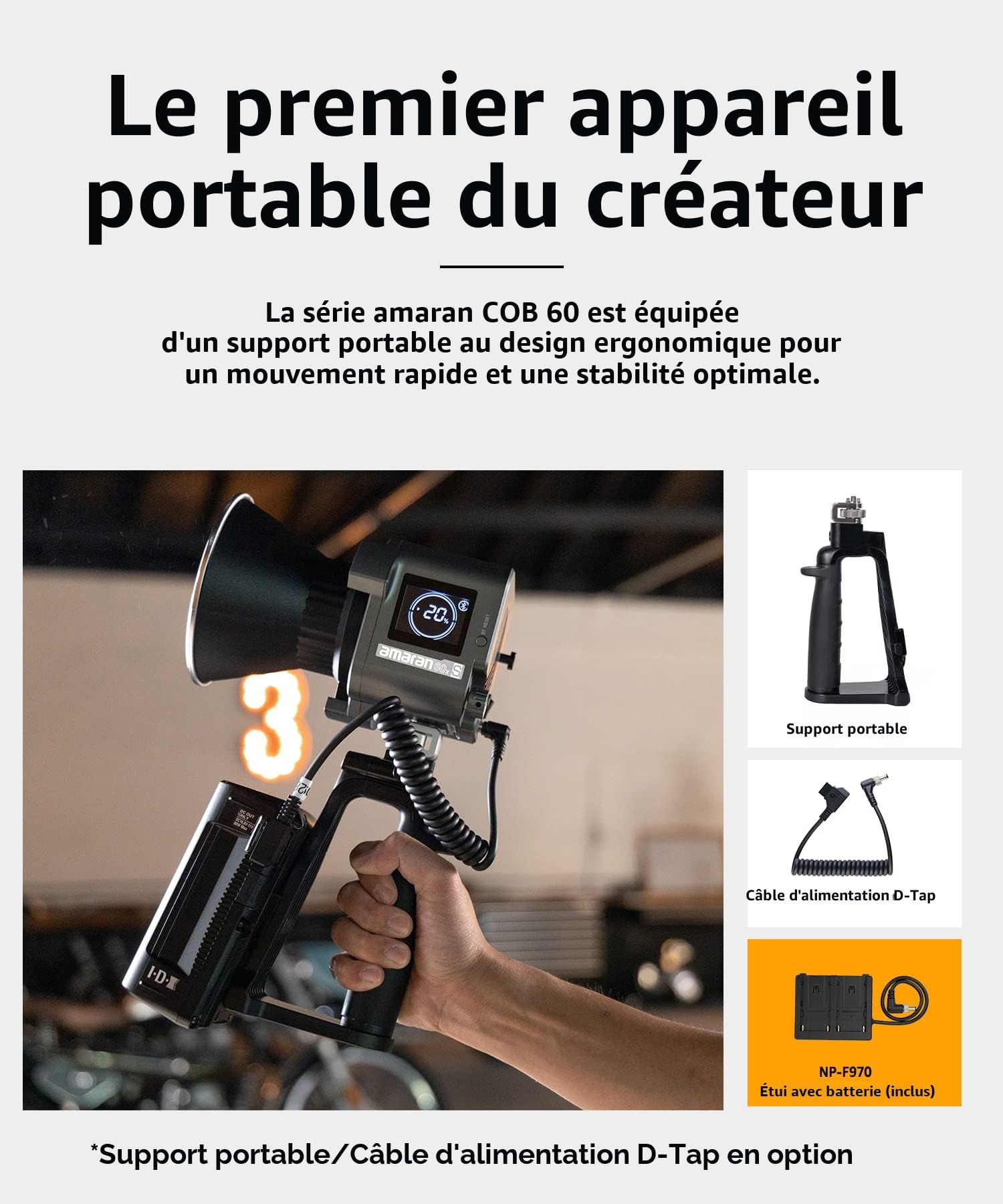 Amaran 60x S - Éclairage Continue LED pour Photographe, Studio - Monolampe Source Ponctuelle, 65W Bi-Couleur 2,700-6,500K Lumière Vidéo, Supporte Contrôle APP Bluetooth 5.0, Monture Bowens, Batterie