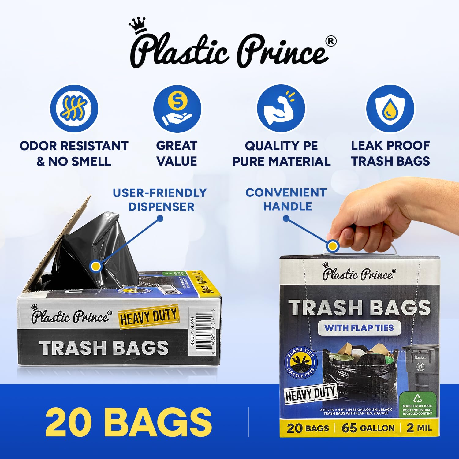 PLASTIC PRINCE 50 Gallon Trash Can with Wheels and Lid Blue Outdoor Recycling Garbage Can with Heavy Duty 64-65 Gallon Trash Bags 2 Mil Large Garbage Bags 43 x 49 inch, 20 Pieces Black - Bundle