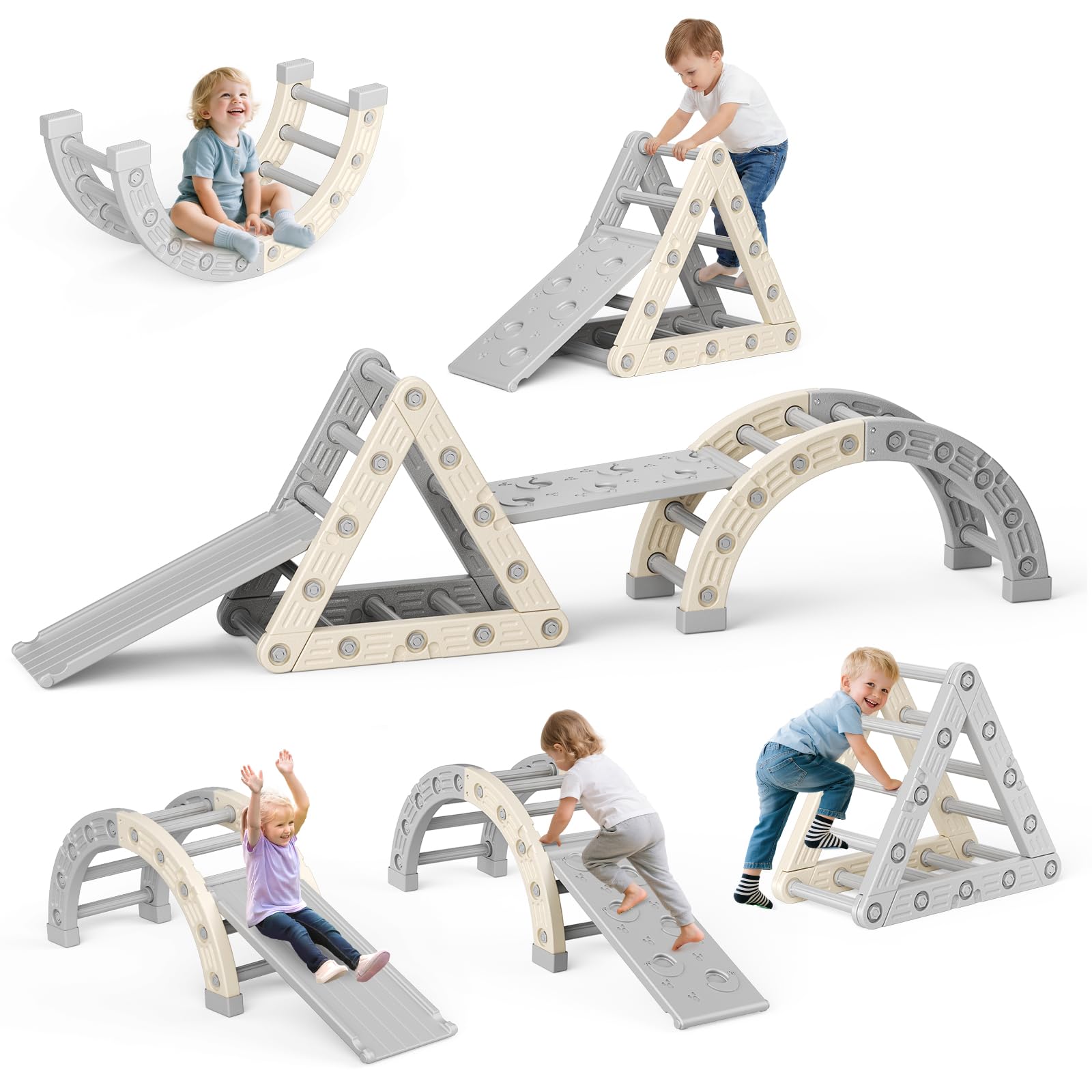 Brolteja Toddler Plastic Climbing Frame, Children's Tripod Climbing Ladder, Indoor Montessori Game Climbing Set (Tripod & Arch & ladder & slide-Beige Grey)