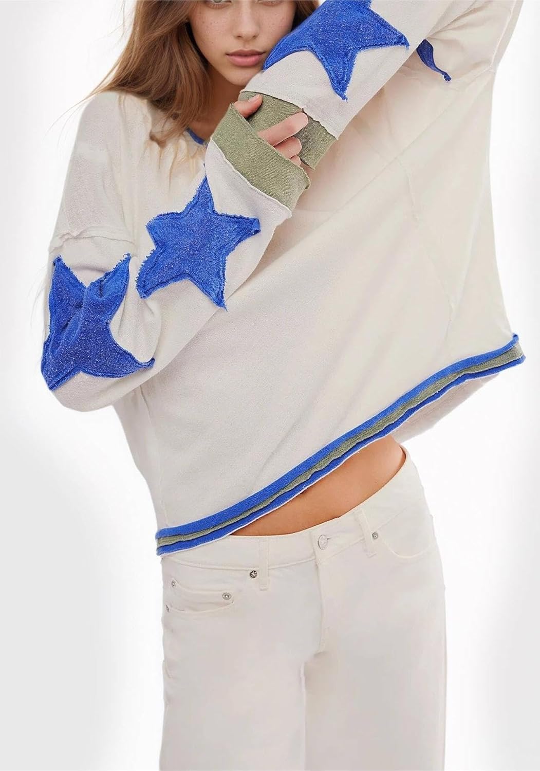 utcoco Oversized Sweatshirt for Women Star Patches Crew Neck Long Sleeve Shirts Hoodies Fashion Y2K Tops - Image 5