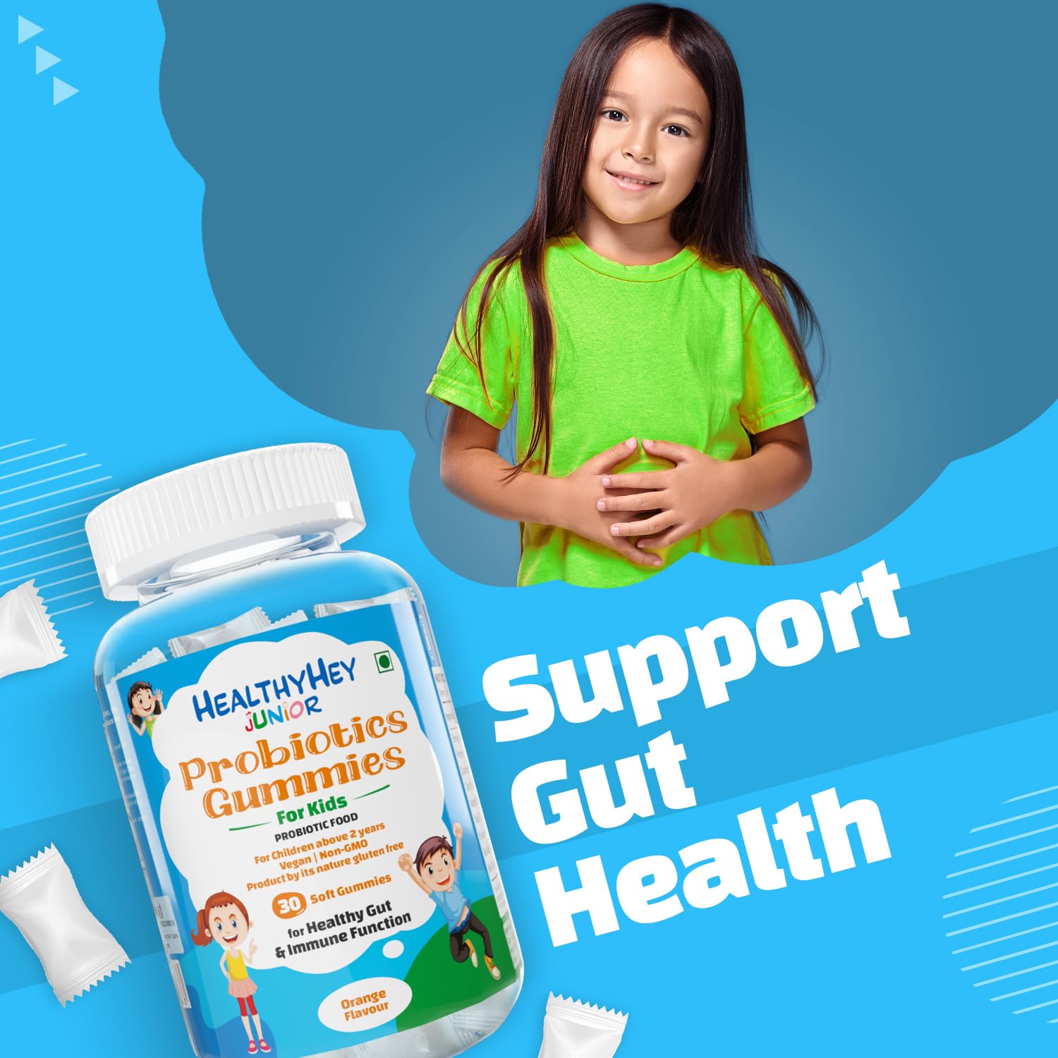 HealthyHey Junior Probiotics Gummies - for Kids - For Healthy Gut Immune Function - Orange Flavour - 30 Soft Gummies 1