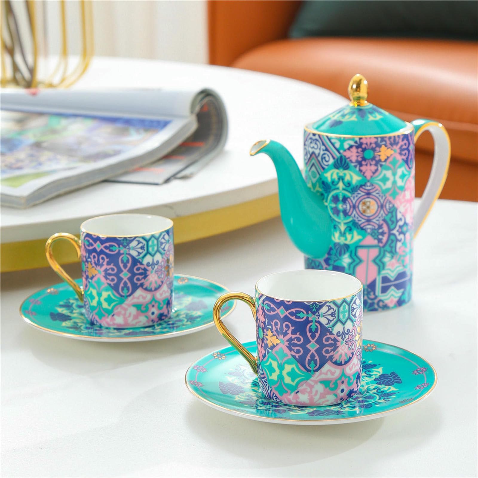 Tazzine e piattini in porcellana Bone China, tazze e piattini creativi per la casa, con 2 tazze e piattini