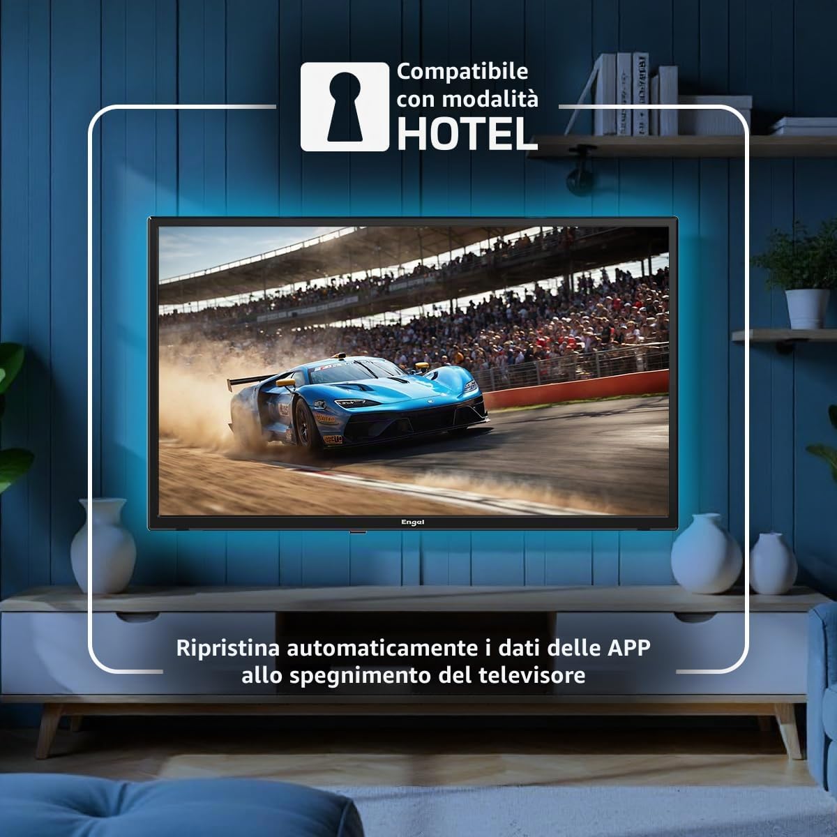 Engel TV LED 24” LE2462CA HD Ready con adattatore 12–24 V per caravan e campeggio, DVB-T2/S2/C, PVR e Time-Shift, Dolby Audio, 3 HDMI, 2 USB, modalità Hotel