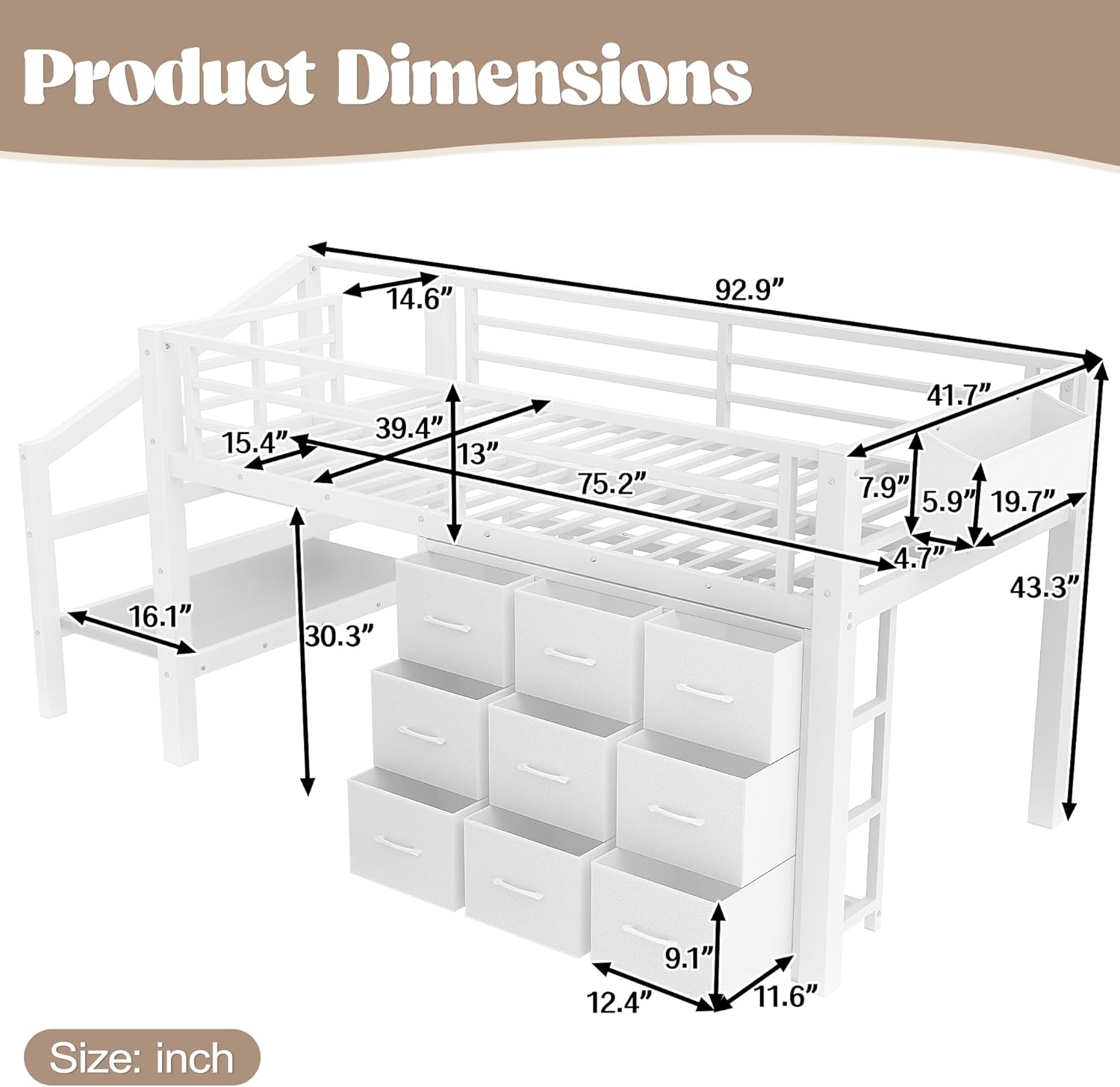 Bellemave Low Loft Bed Twin Size with Storage Stairs and Drawers, Metal Twin Loft Bed for Kids with LED Lights and Shelves, Low Profile Loft Bed Frame for Small Rooms, No Box Spring Needed, White