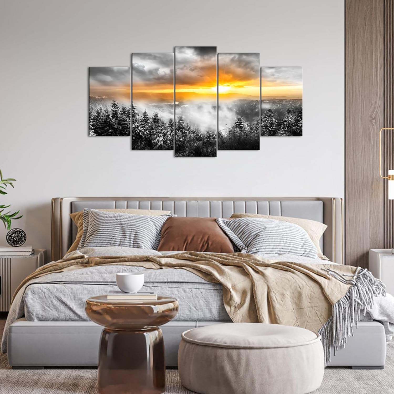 KLVOS 5 Panels Fog Mountain Canvas Wall Art Sunrise Misty Forest Print Picture Paintings Black and White Nature Artwork Modern Bedroom Living Room Office Decor Gallery Wrapped