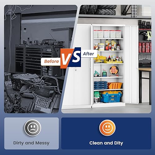 Miniatura 8 de Yizosh Armario de almacenamiento de metal para garaje con 2 puertas y 5 estantes ajustables, gabinete de archivo de acero con cerradura de 71