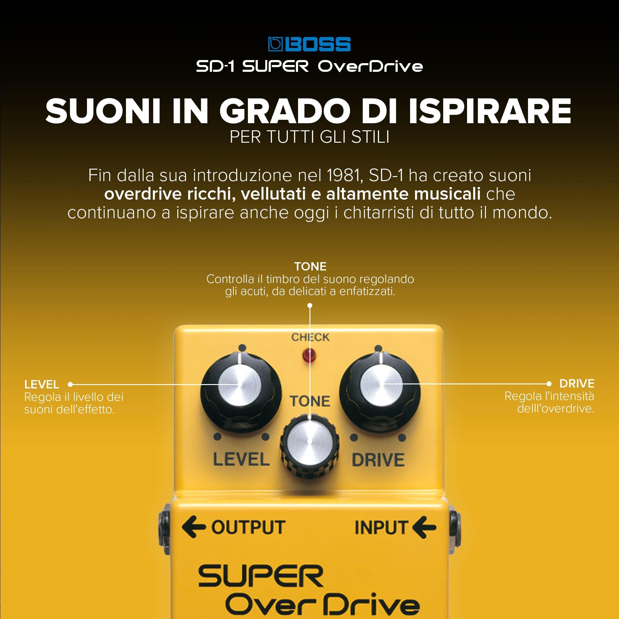 BOSS SD-1 pedale Super Overdrive, Pedale overdrive compatto, con suoni dalla saturazione, calda e morbida