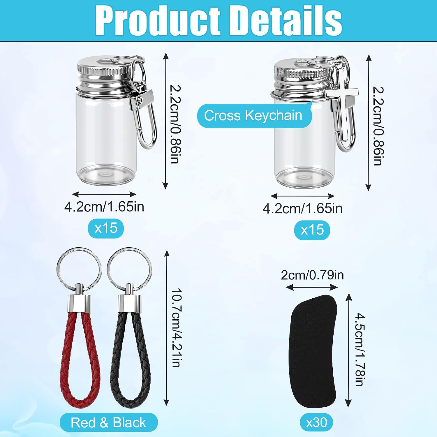35 Pcs 7ml Small Glass Bottle Keychain Bulk with Leather Keyring & Sticker