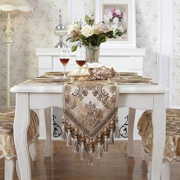 vctops Vintage Luxury Jacquard Damask Floral Table Runners Tea Table Decoration with Multi-Tassels 13"x61" Beige