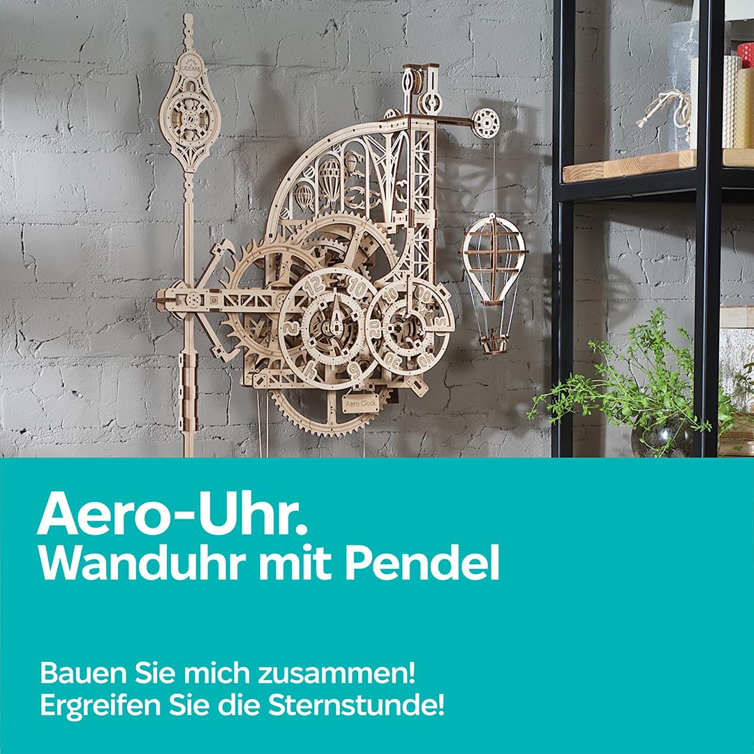 Ugears Aero Clock 3D Holzpuzzle Erwachsene - Wanduhr Modellbausatz Erwachsene - Mechanische Pendeluhr Bauset mit Schwerkraft-Antrieb Holz Modellbau 3D Puzzle Geburtstagsgeschenk- 320 Teile
