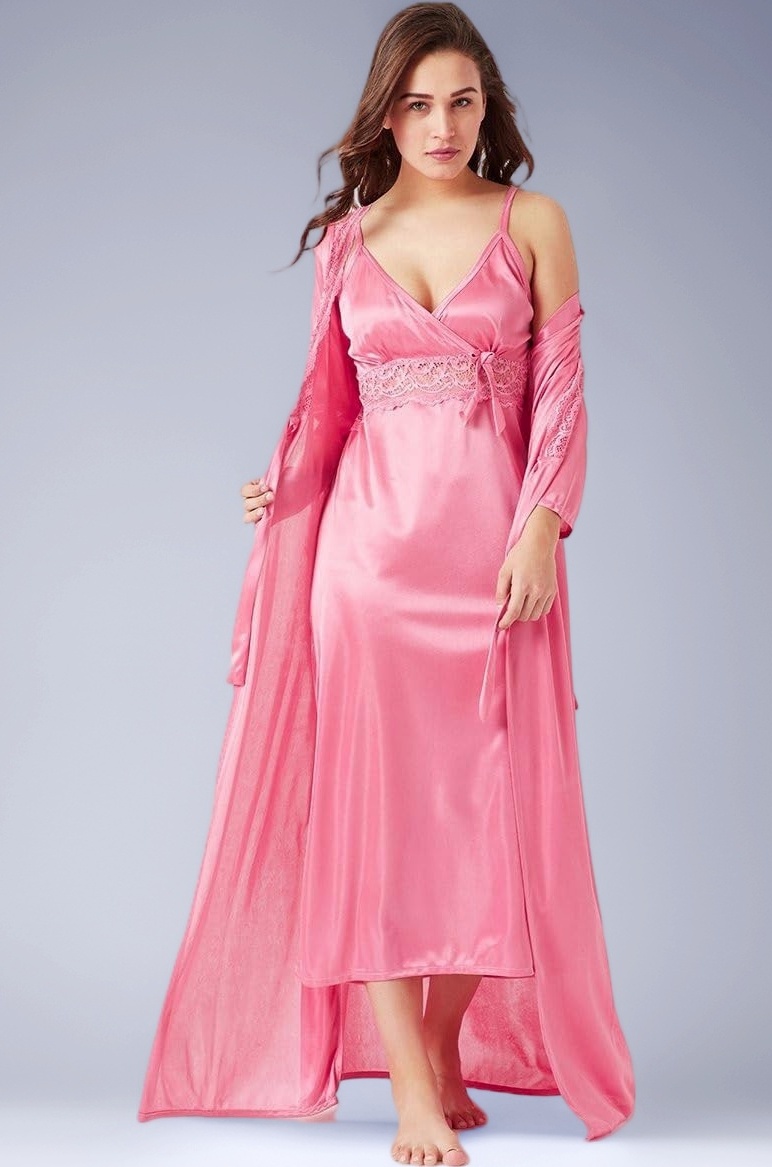 Women's Satin Maxi Night Dress Full Sleeve Gown Comfortable & Fancy Sleepwear for Ladies Ankle Length Nightwear 2pcs Set with Robe