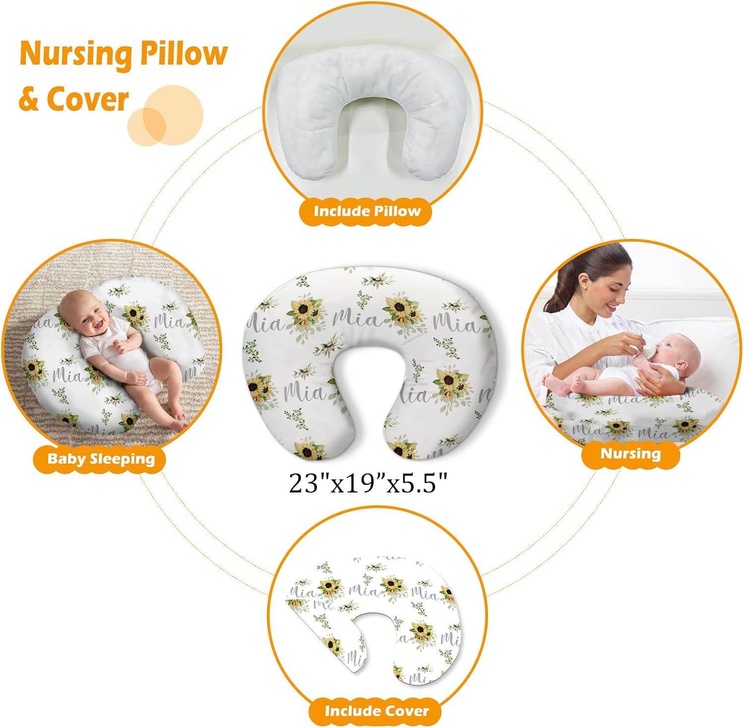 Custom Baby Nursing Swaddling Set: Personalized Custom Name Swaddle Blanket Car Seat Cover Bow Headband Hat Nursing Pillow for Infant Girl Boy Yellow Sun Flowers Pattern