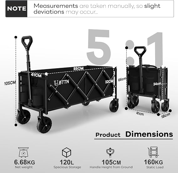 BTTN 120L Extra-Long Folding Festival Trolley on Wheels, Lightweight, Black