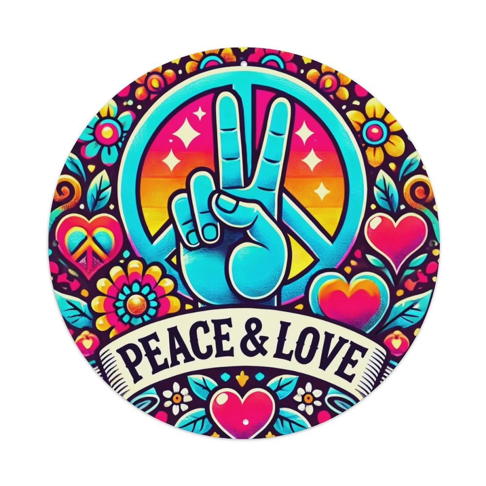 Peace And Love Hand Symbol Vintage Metal Tin Sign Retro Wall Decor for Home Bar Garage Cafe, Indoor & Outdoor Decorative，circle Metal Poster, 8x8 Inch