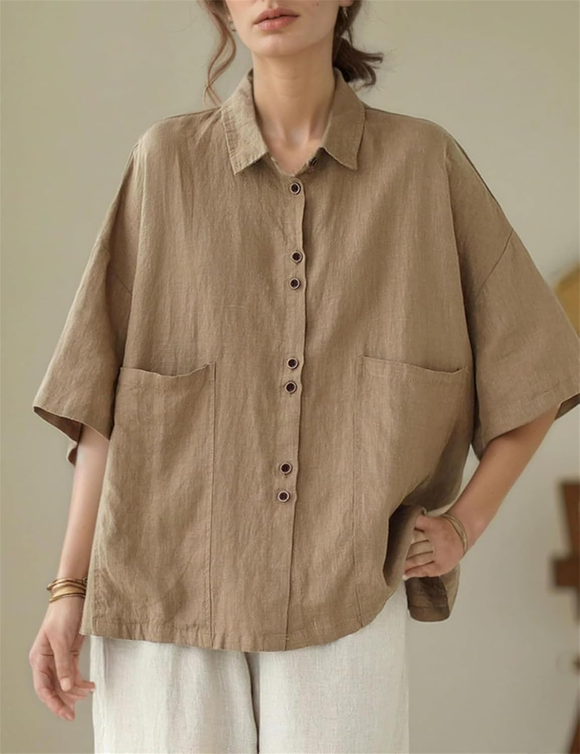 Womens Linen Button Down Shirt Short Sleeve Summer Casual Going Out Tops Collared Work Vintage Trendy Blouse - Image 4