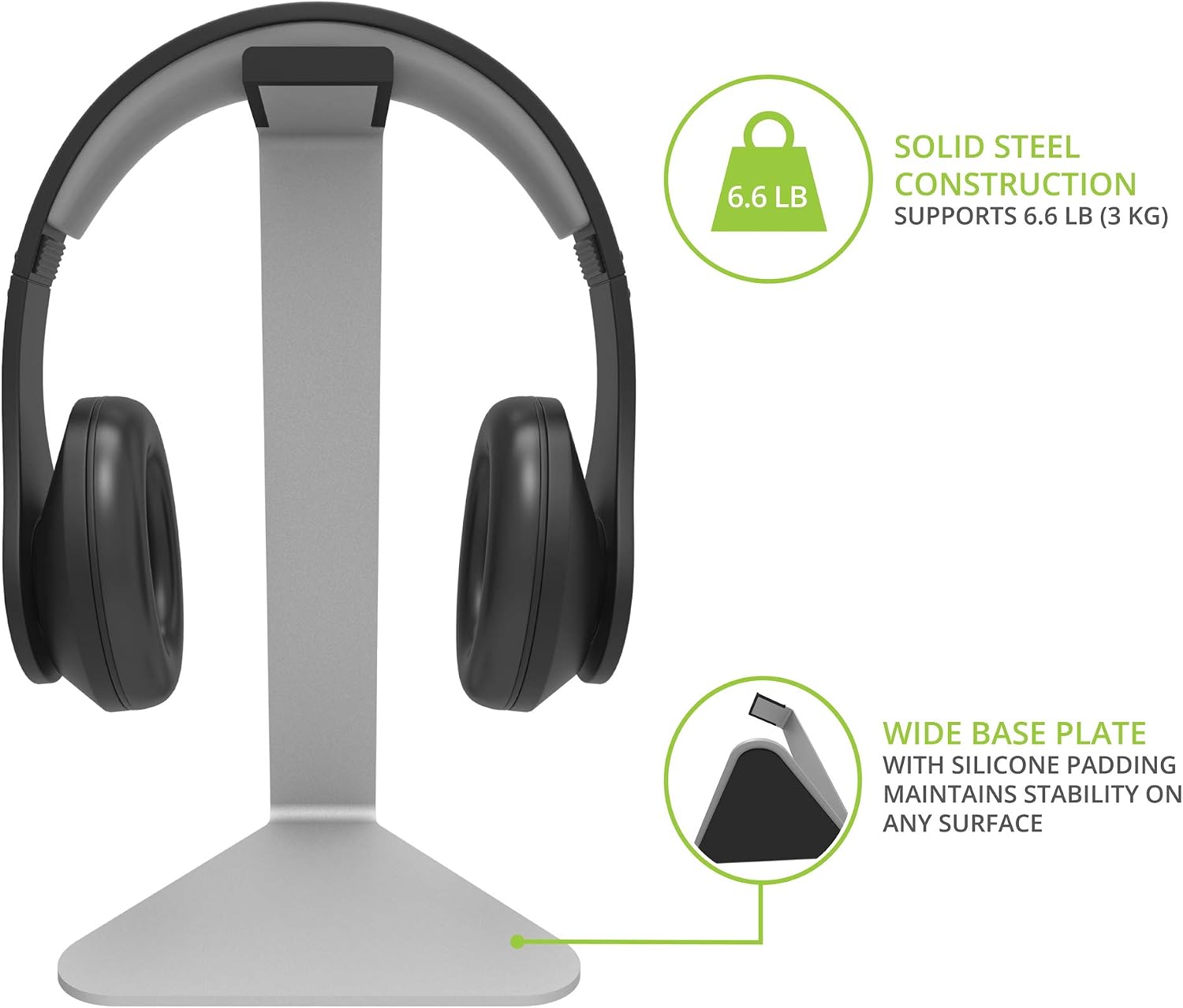Kanto H1 Universal Headphone Stand with Curved Silicone Padding - Silver