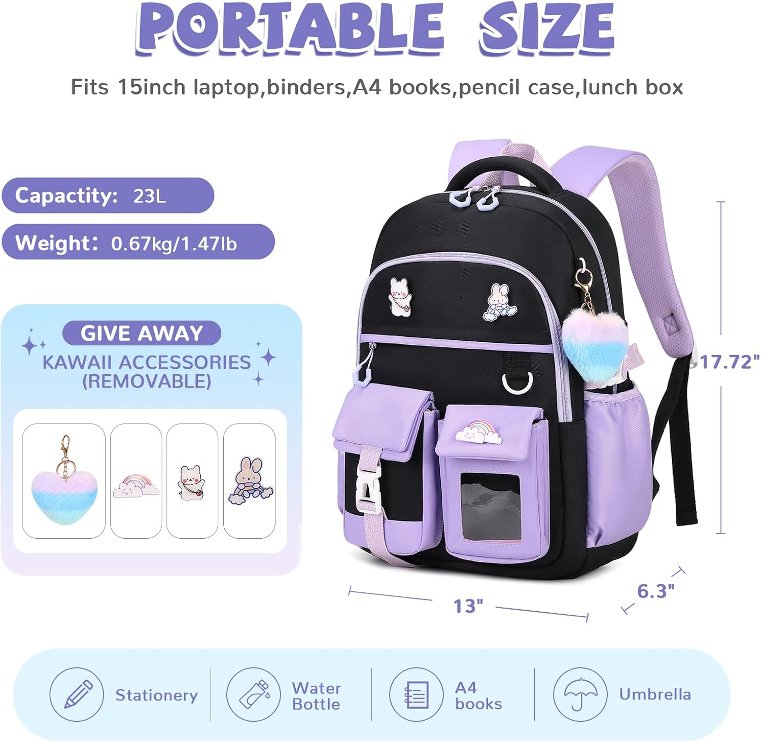 Girls Backpack, Lightweight Kids Backpack Kawaii School Backpacks Bookbag for Primary Elementary School,Age 6-14 years,Green Match Purple(Luggage Strap Ver)