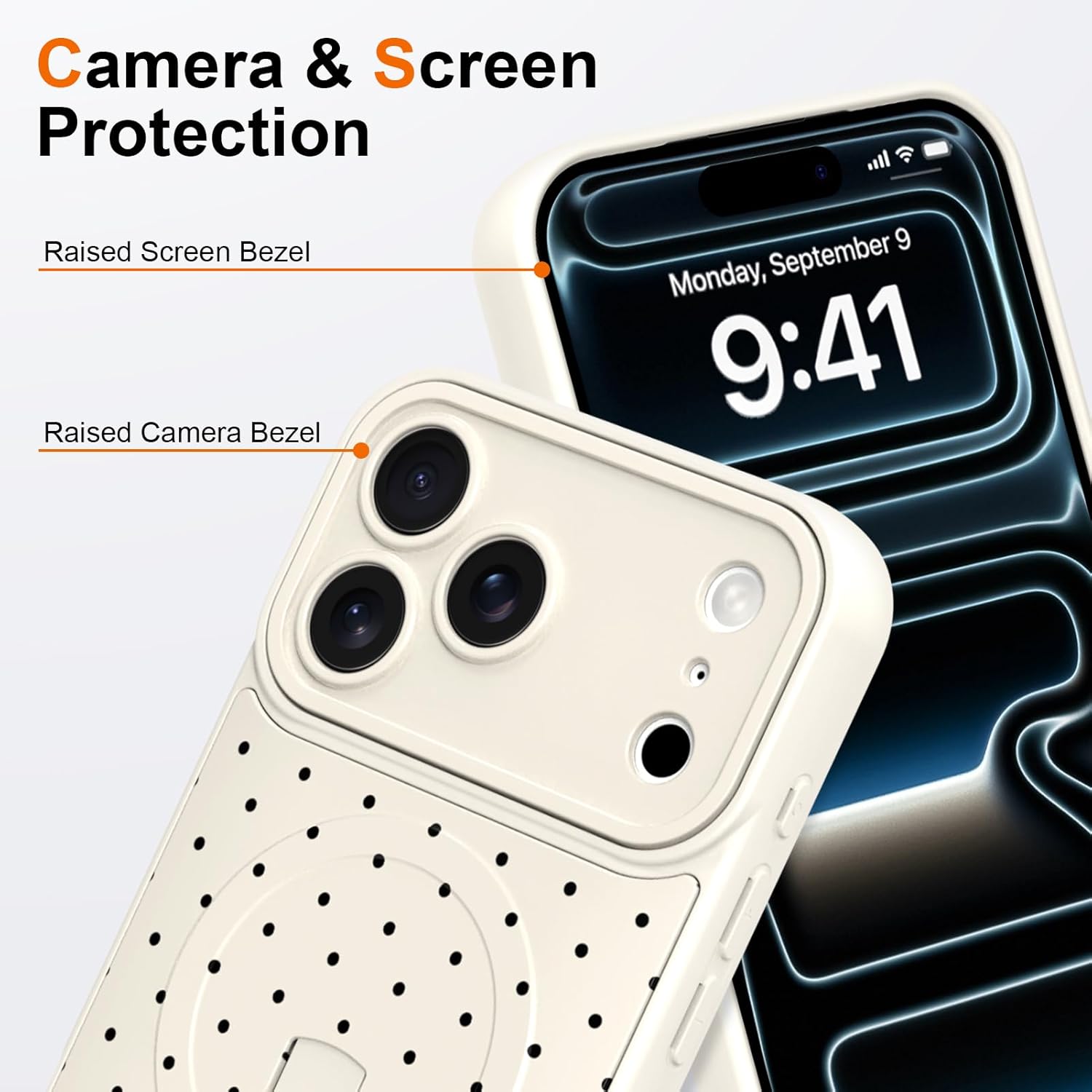 KANGHAR for iPhone 17 Pro Max Case, Cute Polka Dot Phone Cover with Kickstand & Adjustable Finger Strap, Full Camera Protection, Shockproof Protective Magnetic Cover - White