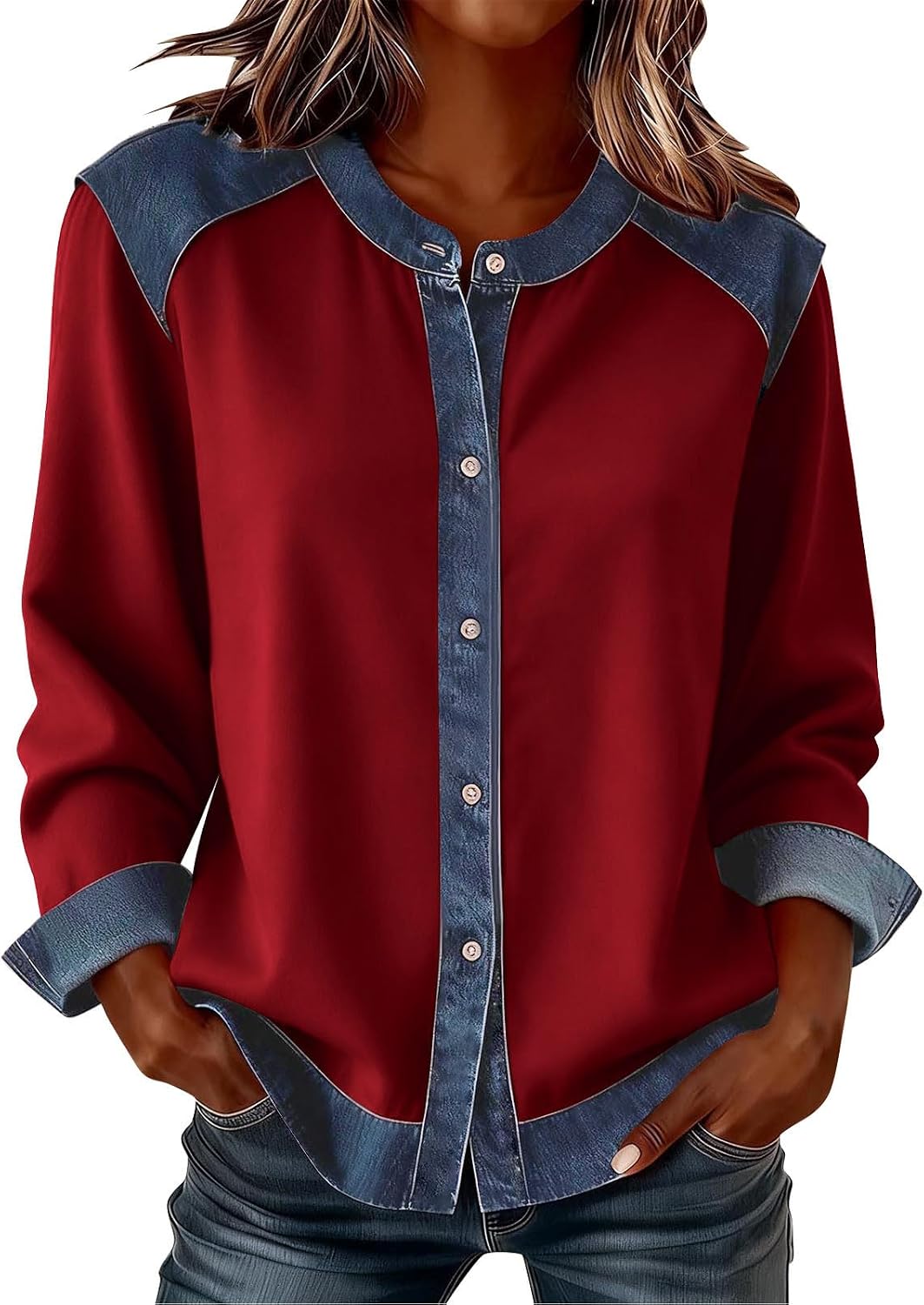 Denim Patchwork Shirts for Women:Fashion Button Down Long Sleeve Open Front Top Loose Fit Workout Lightweight Coats