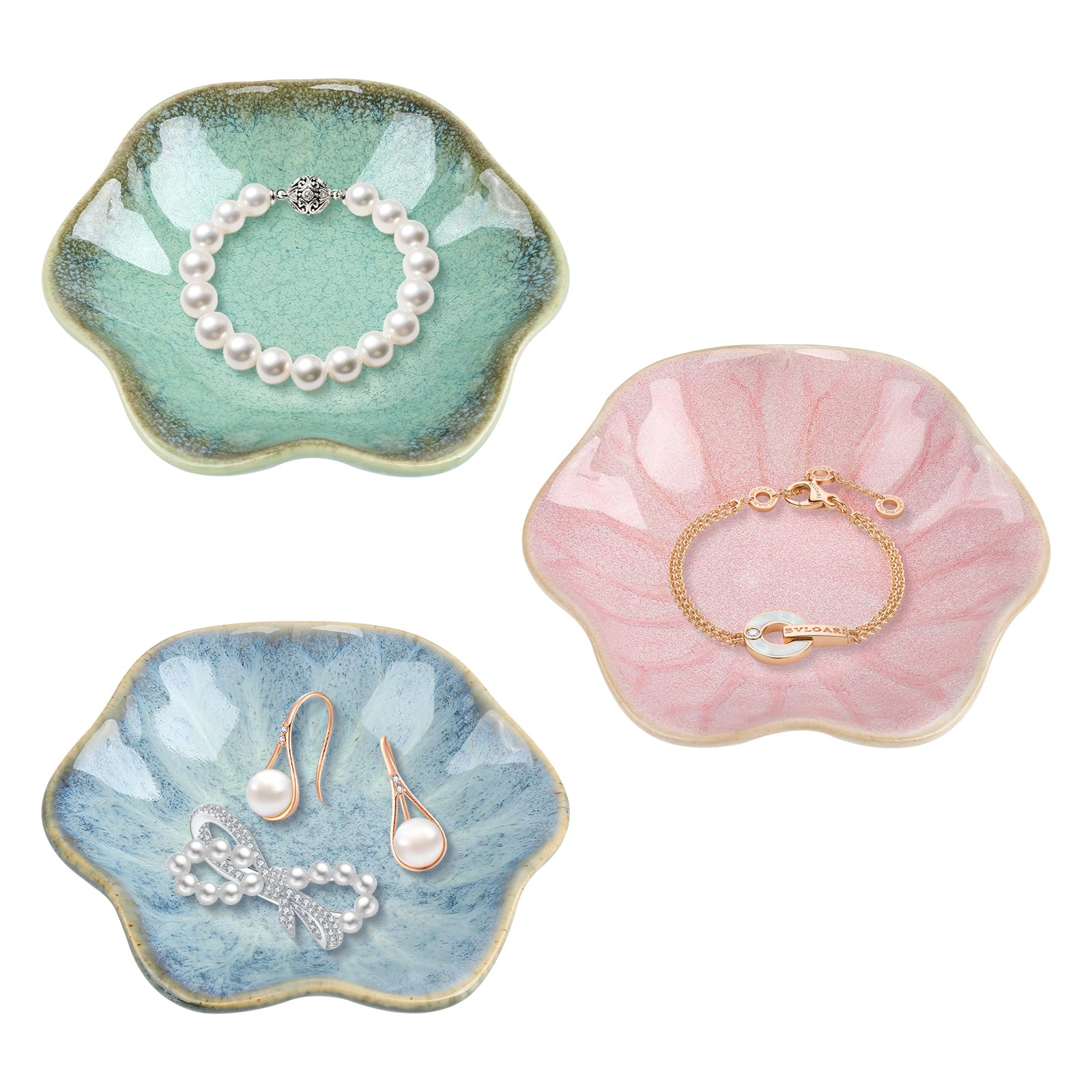 3 Pcs Ceramic Jewellery Dish Tray, Decorative Trinket Dish, Small Ring Dishes, Trinket Key Trays, Flower Shaped Ring Dish, Jewelry Plates, Key Bowl for Women and Girls (Green+Vintage blue+Pink )
