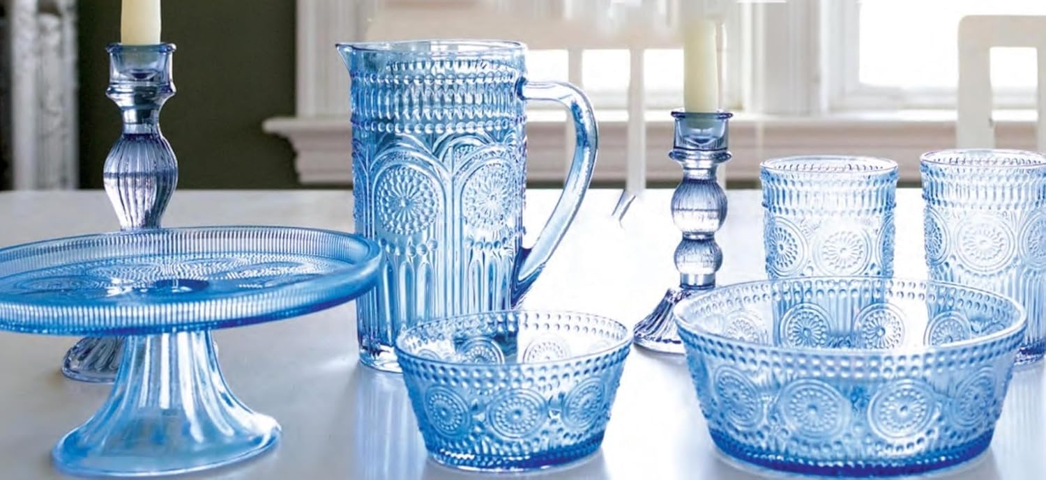 Boston International Vintage-Inspired Glass Pitcher with Embossed Floral Pattern, 4.5" x 7.75", Sky Blue Codi - Image 3