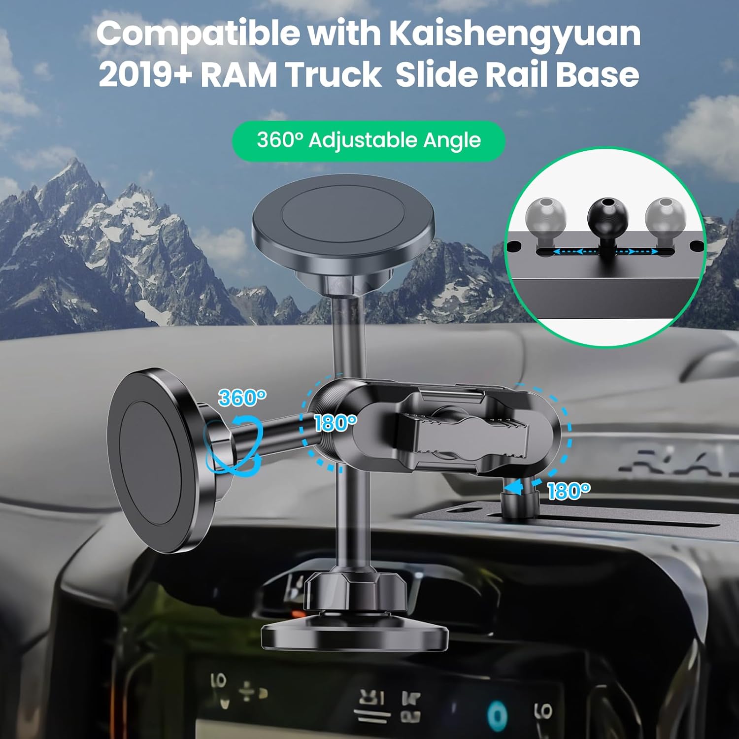 Kaishengyuan Dash Mount Magnetic Holder with Metal Double Socket Arm & 360° Rotating Extension Mounting Arm & 0.98” Ballhead Compatible with All Smartphones (Not Include The Metal Base)