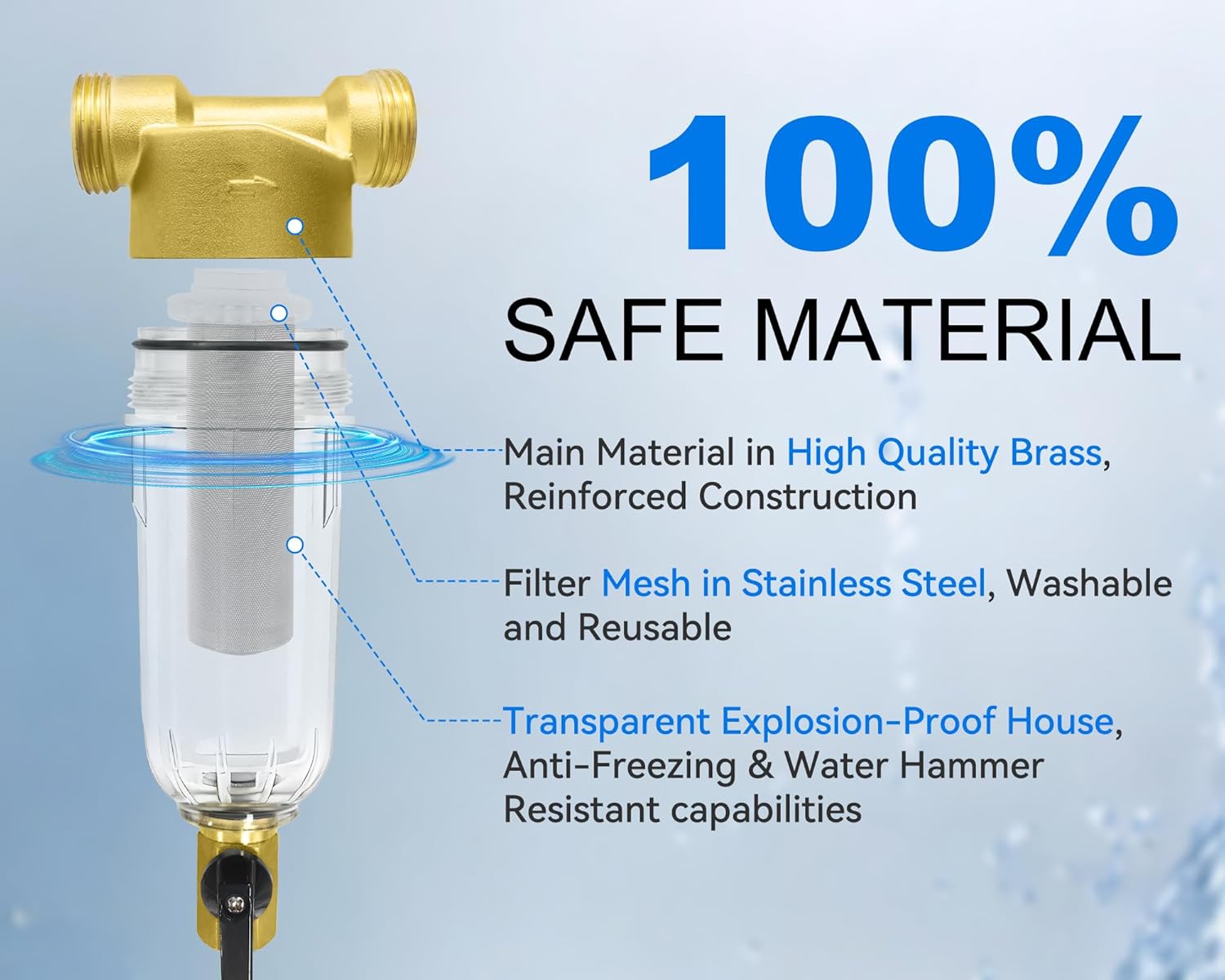 POHIR Spin Down Sediment Filter 40/100/200 Micron, Reusable Water Filter for Whole House Pre-Filtration System, 1" MNPT + 3/4" FNPT + 3/4"MNPT with Sewage Drain Pipe