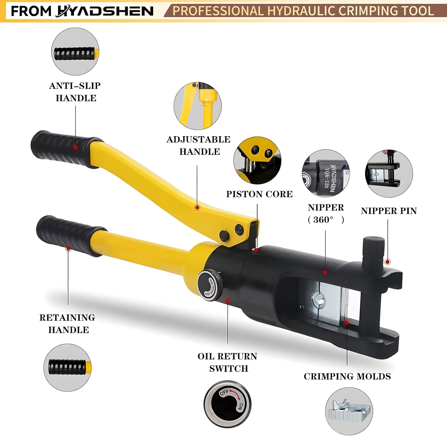 16 Ton Hydraulic Crimping Tool 6 AWG to 600MCM, Battery Cable Lug Terminal Crimper With 11 dies，Easy to Operate Hydraulic Wire Crimping Tool Kit for Wire Rope