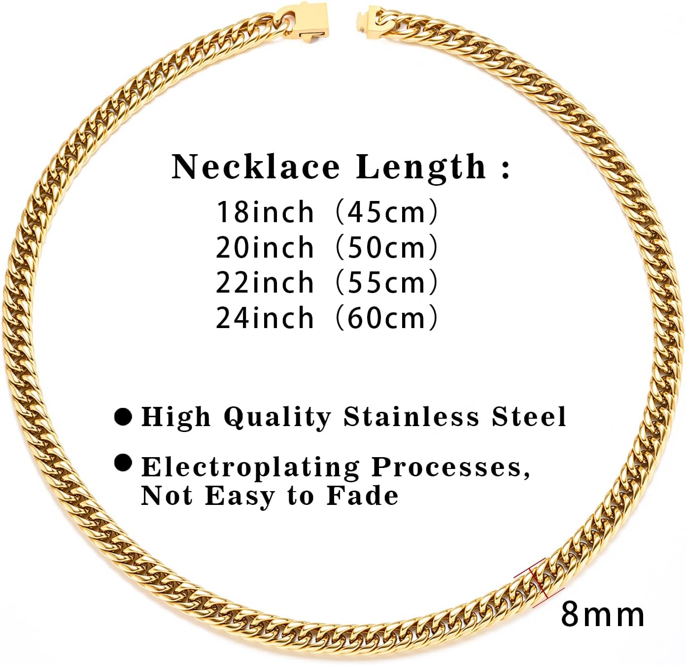 8mm Cuban Link Chain for Men - Silver/Gold/Black Plated Stainless Steel Miami Chain Necklace - Hip Hop Jewelry 18-24inch