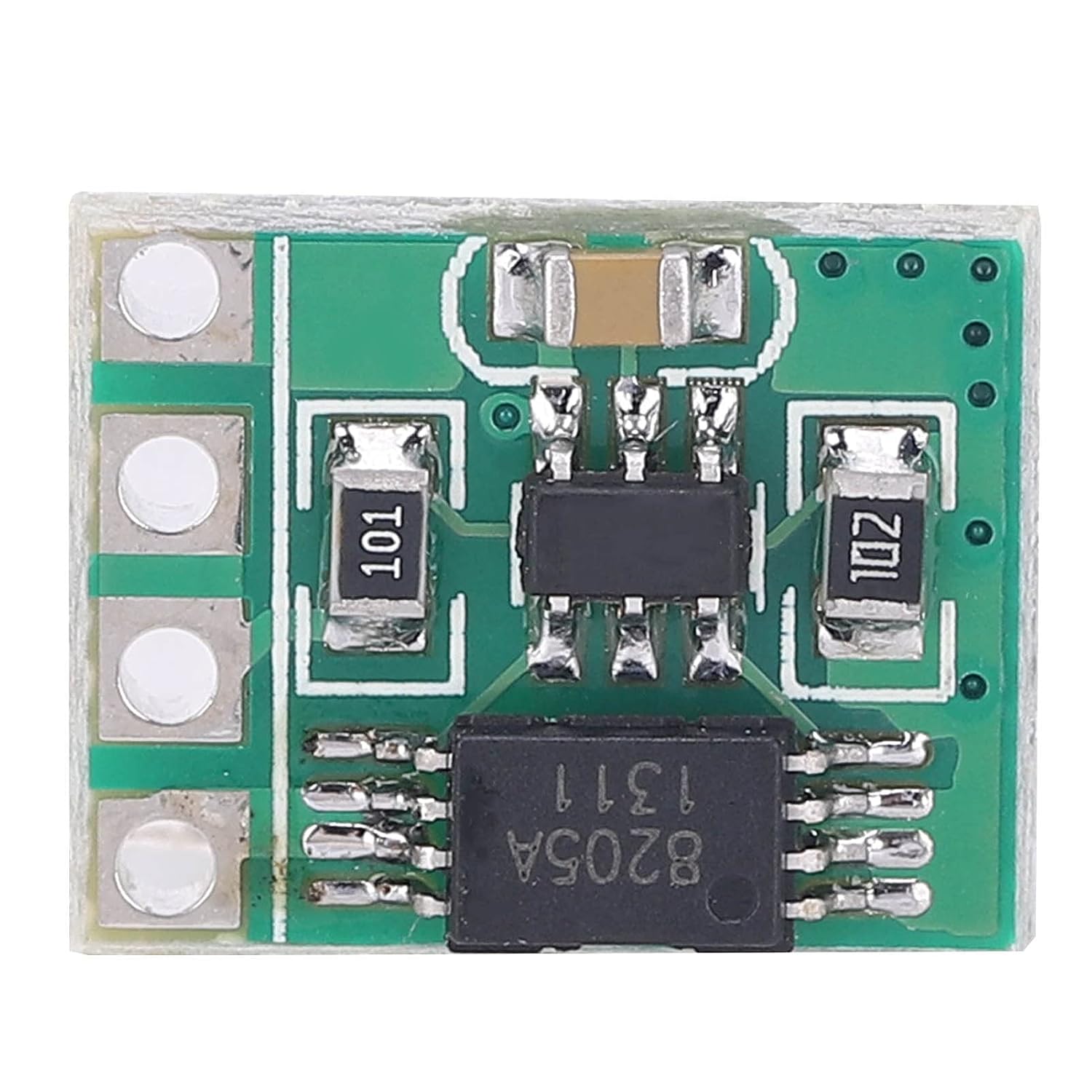Fuq view of the SASKATE 3.7V Lithium Battery Over Discharge Module, showing the green circuit board with integrated circuits and connection pads.