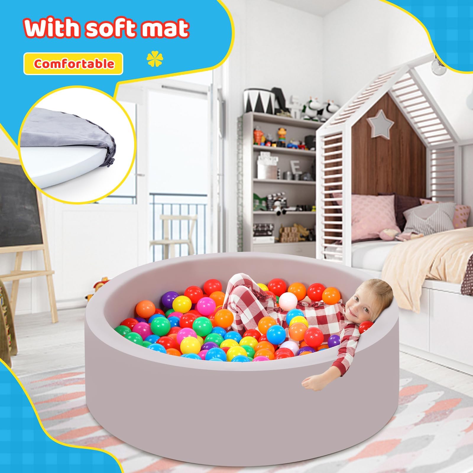 Piscina di palline per bambini con 100 palline tricolori, Palline per piscina di palline per bambini con palline di plastica incluse Piscina di palline rotonda morbida pieghevole grande