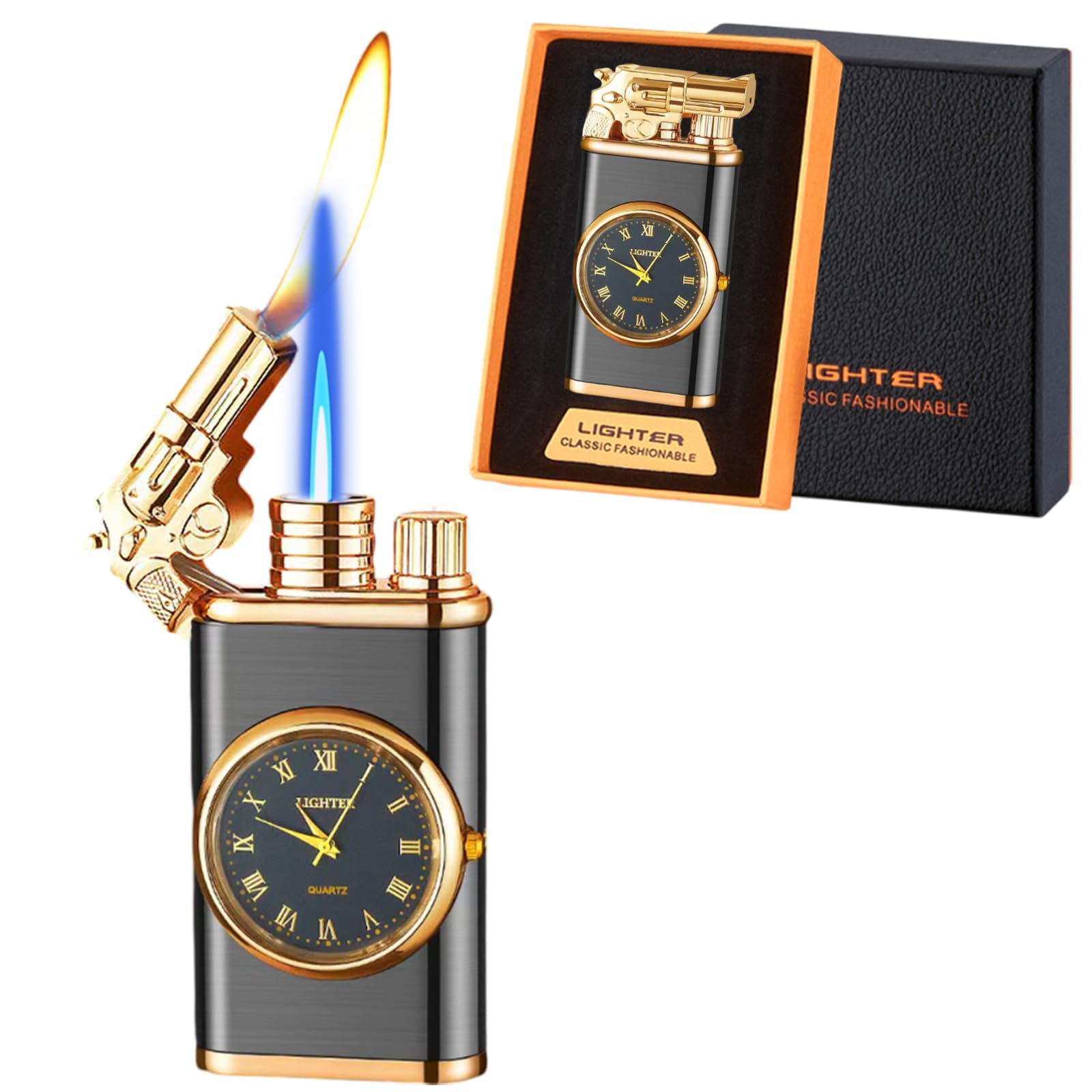 Sponsored Ad - Torch Lighter, Magic Dual Flame Lighter Refillable Butane, Creative Adjustable Flame Windproof Lighter, Cool Jet Flame Butane Lighter for Men Women Friends Outdoor Candle(Without Butane)-Black-g