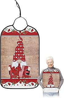 BOBOWUNY Valentines Gnomes Adult Bibs for Elder Women Men Eating, Red Love Heart Roses Retro Wood Waterproof & Washable Bibs for Eating Clothing Protector Dining Bibs for Crumb Catcher