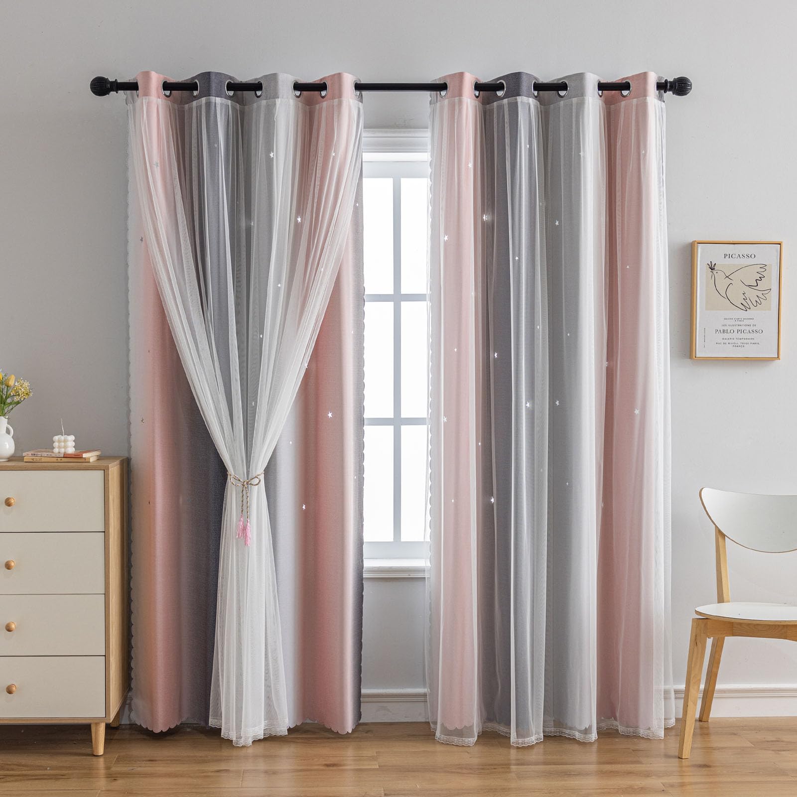 conokata Star Girl and Kids Curtains for Bedroom Rainbow Ombre Double Layer Cute Shot Nursery Darkening Grommet Princess Room Décor 2 Panels Living