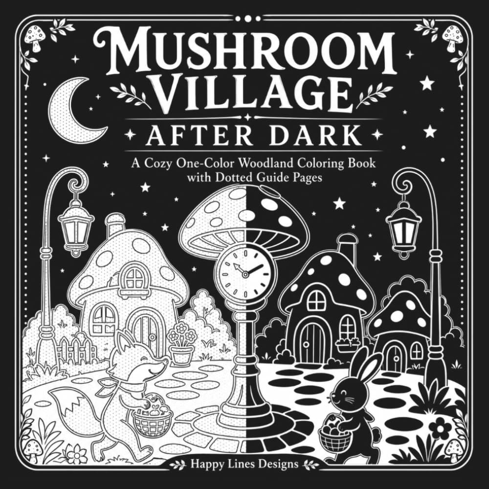 Mushroom Village After Dark: A Cozy One-Color Woodland Coloring Book with Dotted Guide Pages and Whimsical Scenes (Happy Lines Creative Worlds)