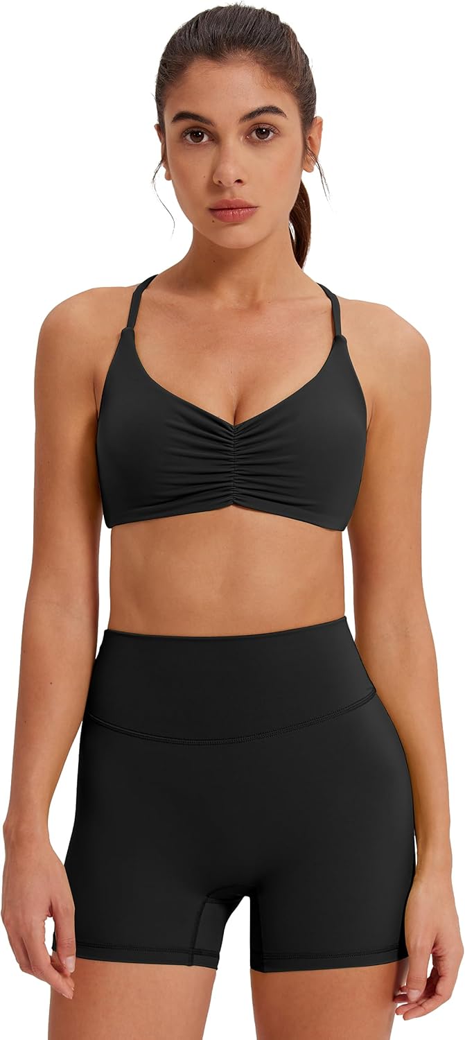 MOOSLOVER Women 2 Piece Yoga Shorts Set High Waisted Workout Shorts and Ruched Sports Bra Buttery Soft Activewear for Yoga