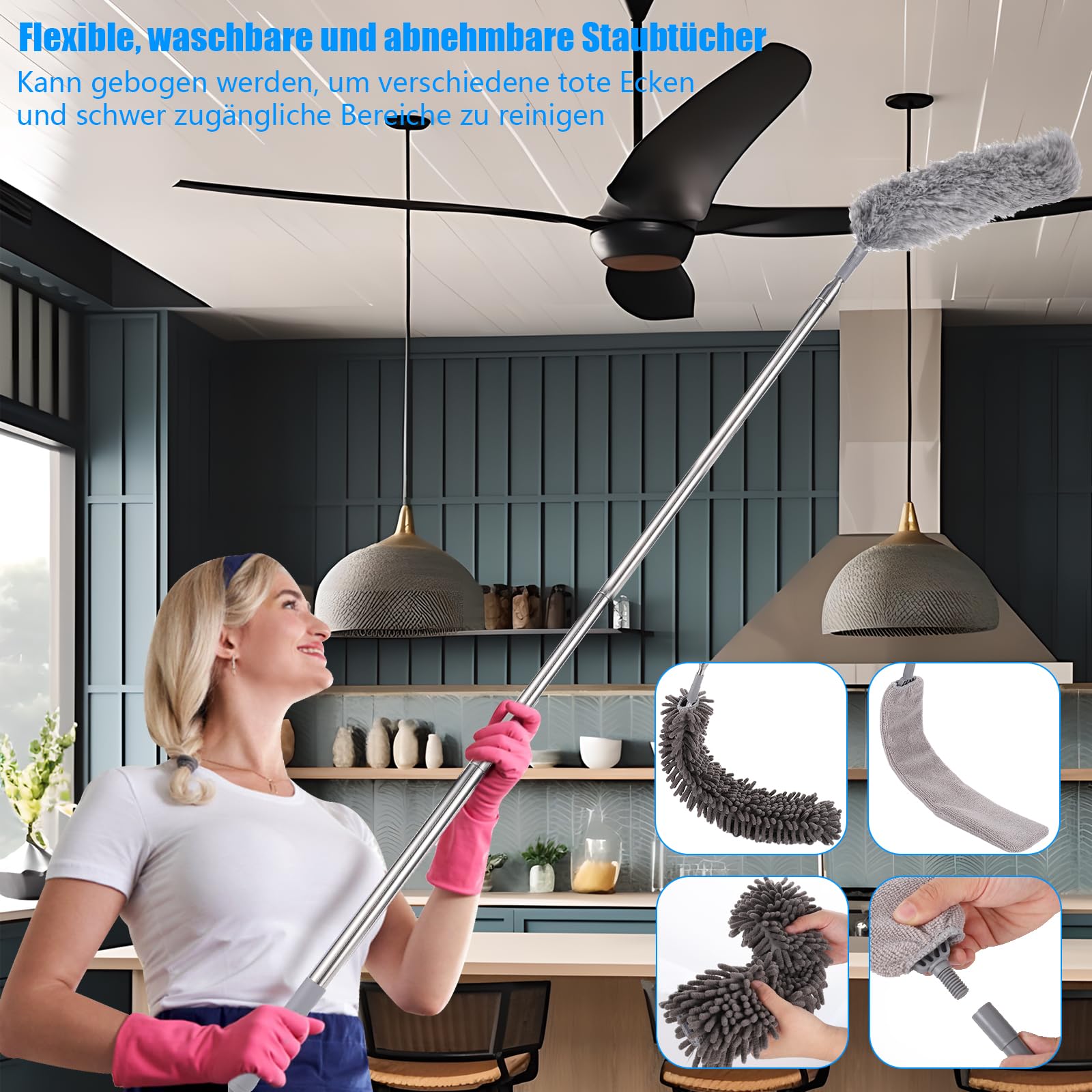 7 plumeros telescópicos para limpieza, plumero largo extensible hasta 213 cm, lavable, microfibra, con gancho para techo, telarañas