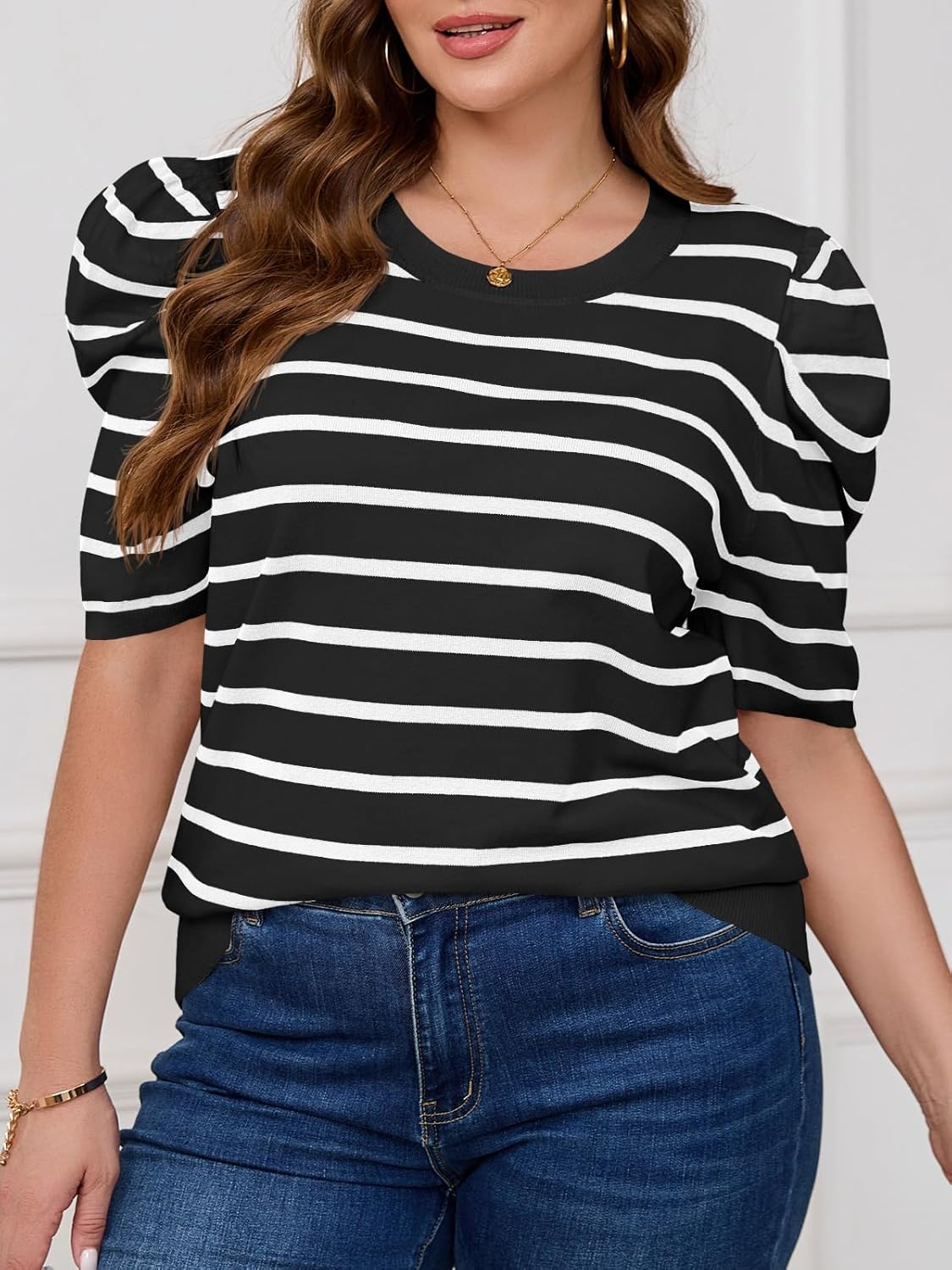 Beautife Womens Plus Size Short Puff Sleeve Sweater Tops Lightweight Striped T Shirts Summer Casual Crew Neck Knit Pullover - Image 5