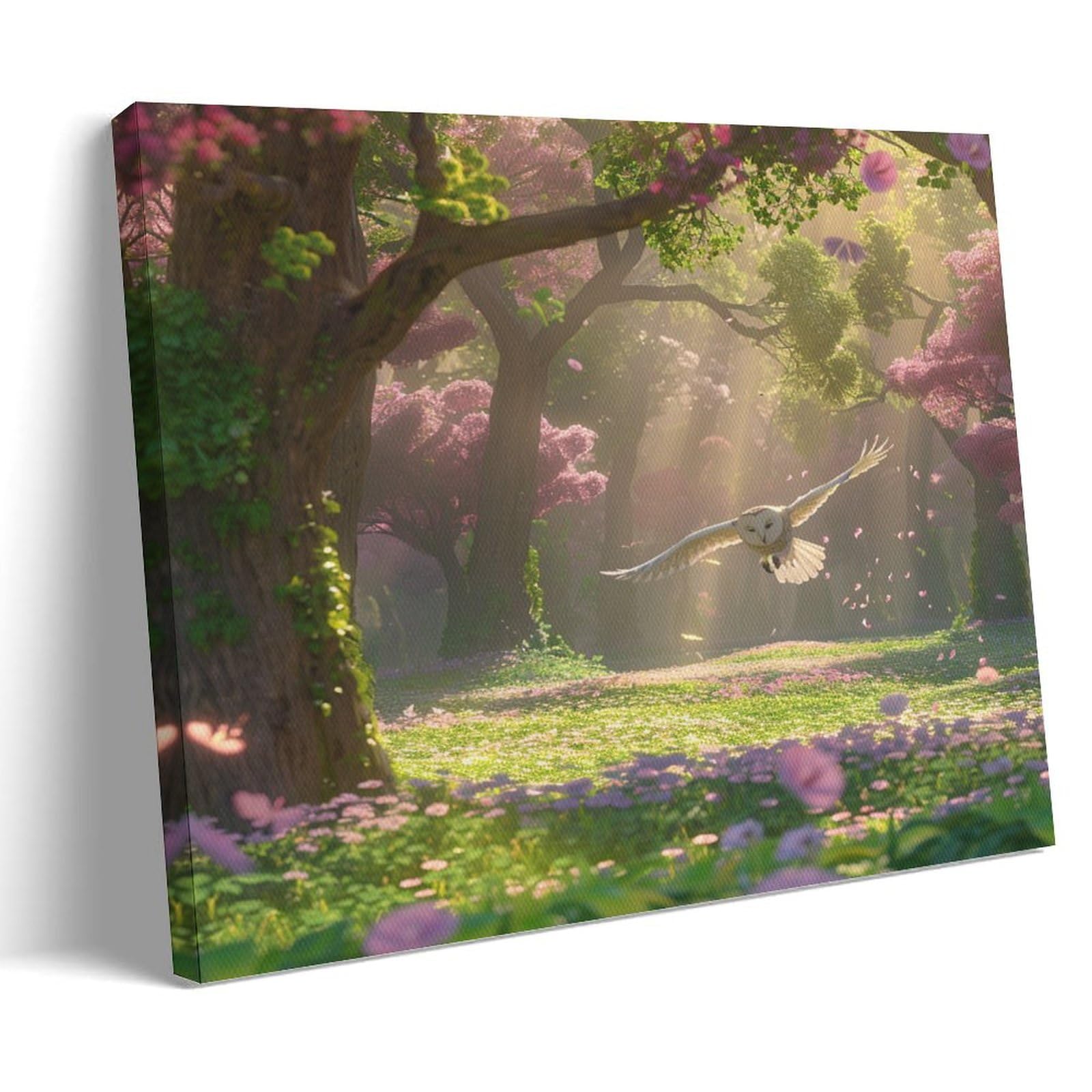 FYFMUSHE Flying Owl Bird Canvas Wall Art Paintings Spring Scenery Woods Nature Wildlife Pictures on Canvas Prints Framed Ready to Hang Artwork for Bedroom Home Decor 16x24inch(40x60cm)