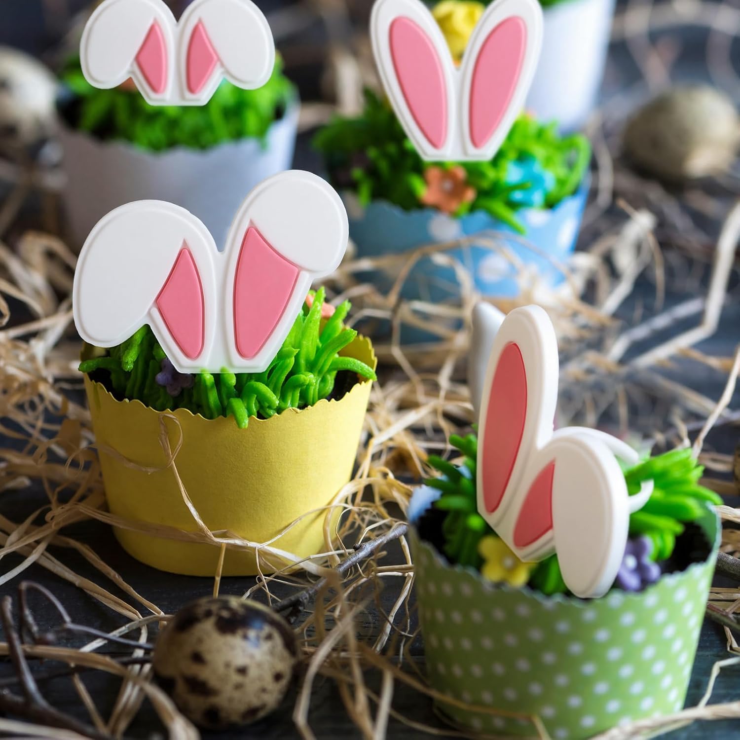 Bucherry 48 Pack Cute Easter Bunny Cupcake Toppers Party Decorations Rabbit Ear Cupcake Rings Bulk 4 Styles Pink White Rabbit Ear Cake Topper for Spring Festival Birthday Baby Shower Party Supplies