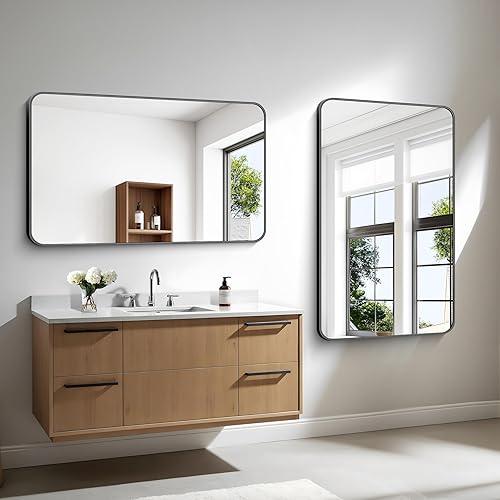 Miniatura 4 de Espejo de baño de 30 x 48 pulgadas, espejo rectangular negro, marco de baño montado en la pared, espejo de tocador con esquina redonda para